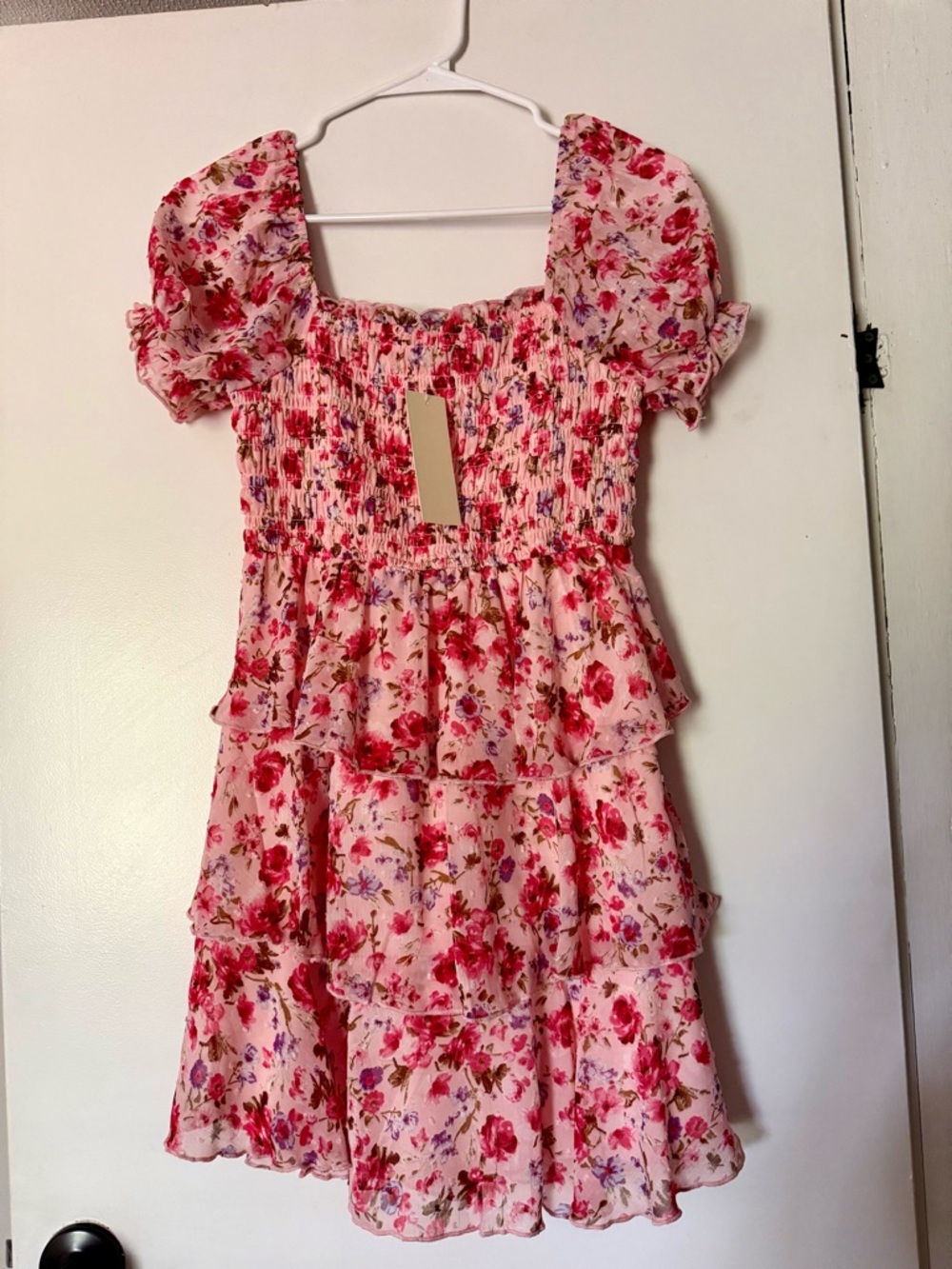 Pink Floral Smocked Mini Dress with Puff Sleeves